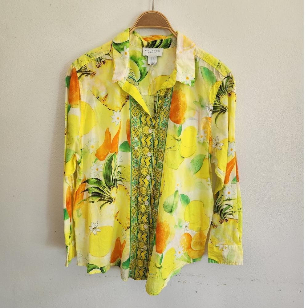 Calypso St Barth Butron Up Top Medium Long Sleeve Tropical Fruit Hawaiian Summer
